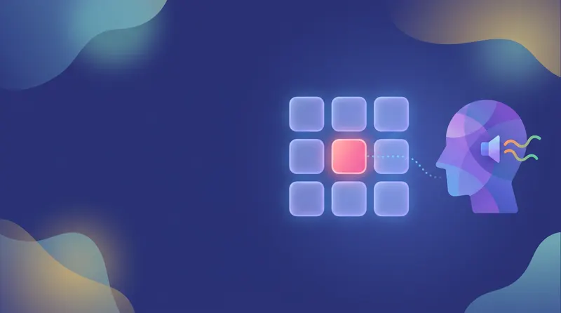 A 3×3 grid with one glowing square next to a speech bubble with a letter, the two streams of a dual n-back task