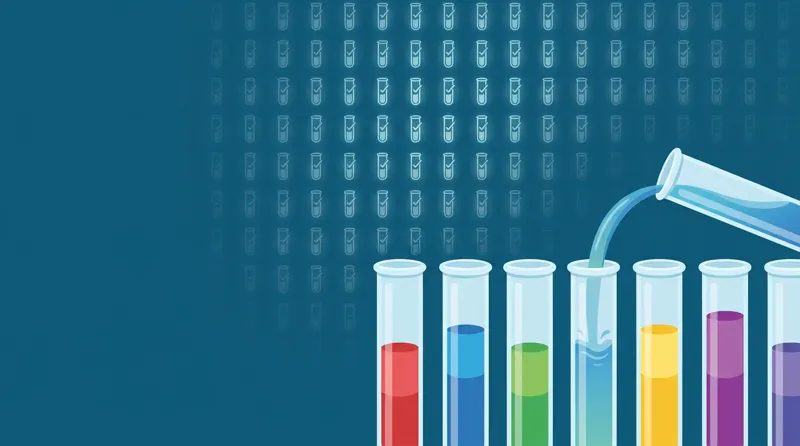 Glass test tubes with layers of colored water, one tube pouring into another, and a checklist of solved boards