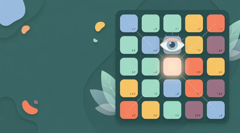 A 5 by 5 grid of tiles with an eye at the center and dotted lines reaching to the corners